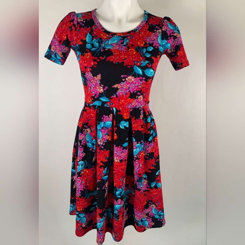 LulaRoe Amelia Black Teal Red Floral Fit Flare Stretch Pleated Dress Size Small